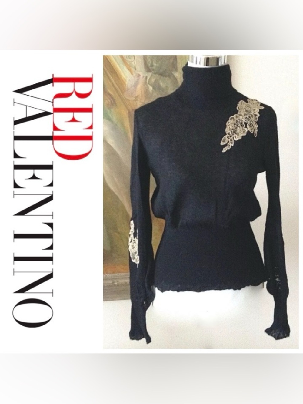 RED Valentino Turtleneck LS Black Knit Mohair Blend w/ Beige Lace Applique Trim